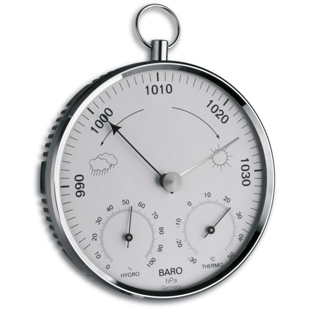 TFA Chrome Barometer with Temperature &amp; Humidity (13.5cm diameter) - Thermometer Specialist