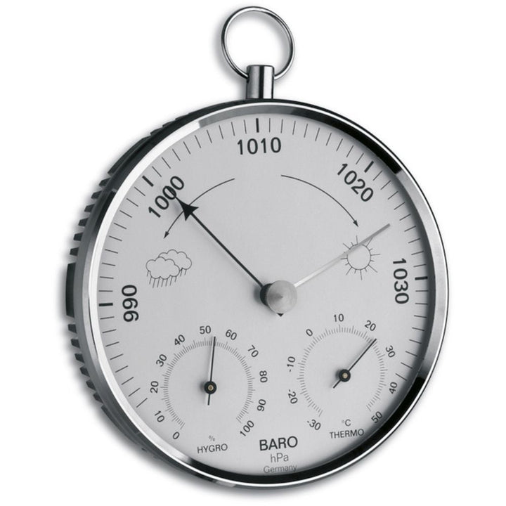 TFA Chrome Barometer with Temperature &amp; Humidity (13.5cm diameter) - Thermometer Specialist