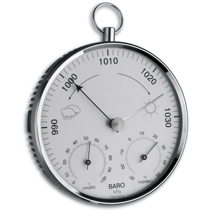TFA Chrome Barometer with Temperature &amp; Humidity (13.5cm diameter) - Thermometer Specialist