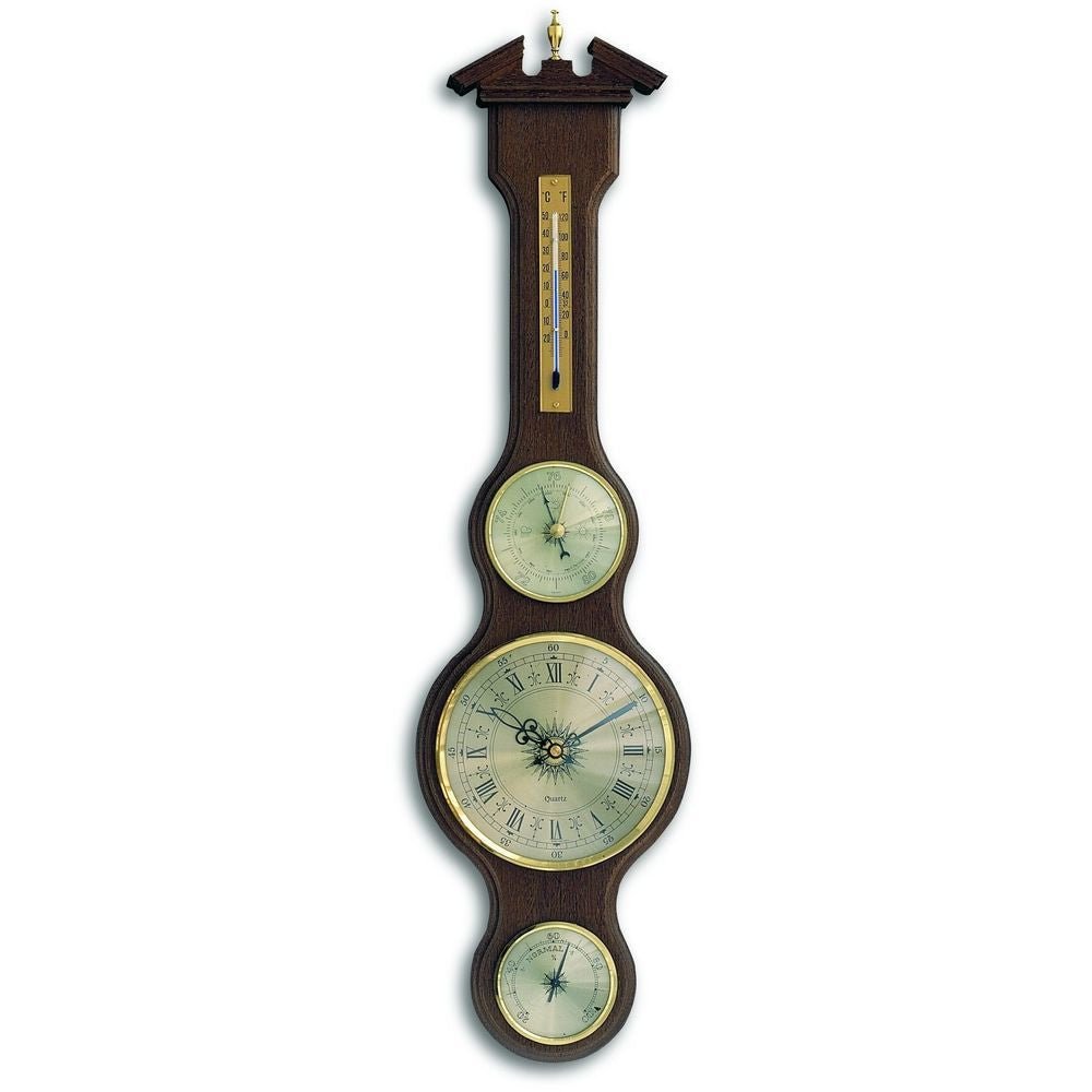 Walnut Banjo Barometer With Clock 60cm - Thermometer Specialist