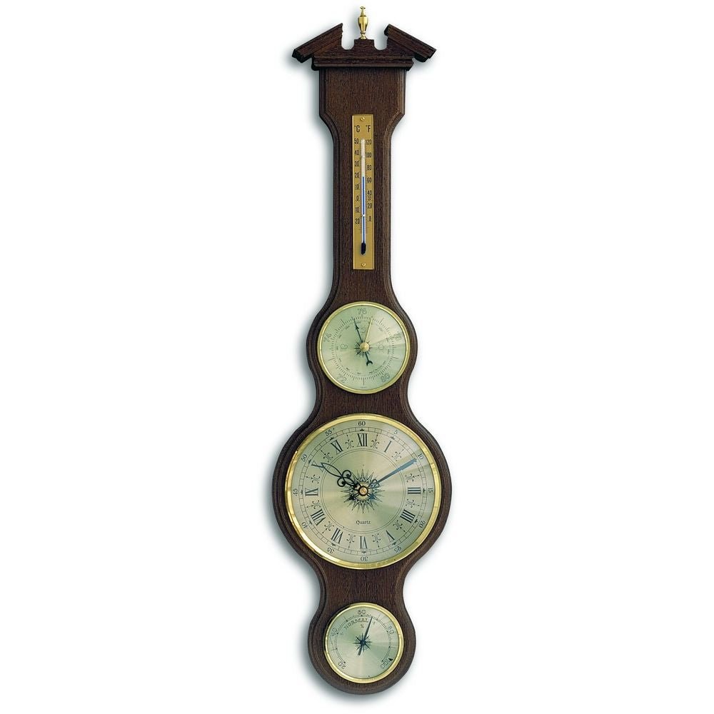 Walnut Banjo Barometer With Clock 60cm - Thermometer Specialist
